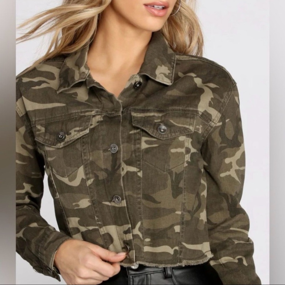 Working Title Denim Green Camo 100% Cotton Cropped Raw Hem Utility Jacket sz 1x